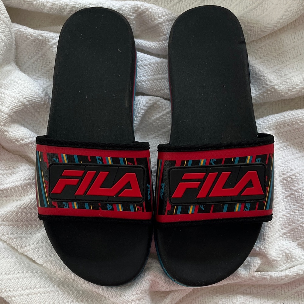 Fila Black and Multicolor Slide Sandals